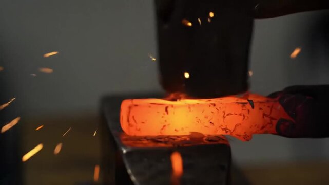 Red hot metal being forged with a hammer on an anvil
