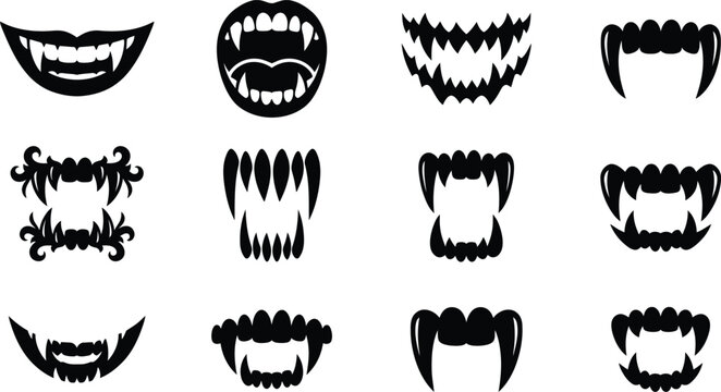 Collection of scary monster and vampire mouths with sharp fangs for halloween costume design and graphic projects