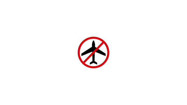 No fly zone sign animation, airplane prohibited symbol on white background, restricted aviation