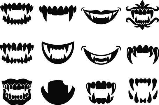 Set of black monster mouths and sharp fangs for halloween costume designs and scary character mask illustrations