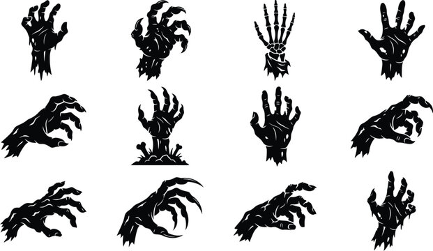 Set of scary zombie hands and monster claws for halloween graphic design projects and spooky party decorations