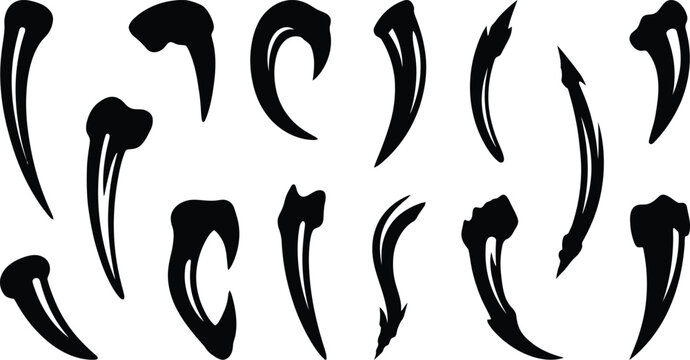 Collection of hand drawn black monster claws isolated on white background for scary halloween design projects