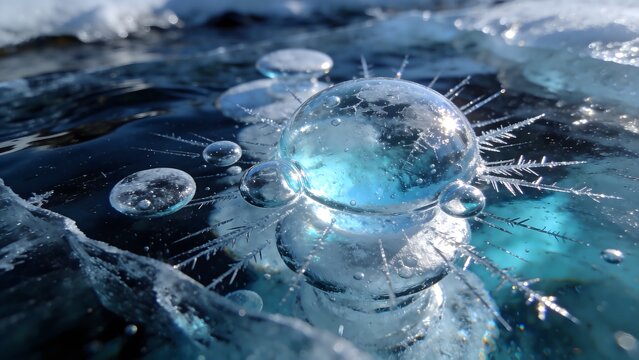Macro photograph of frozen water bubbles and ice crystal sphere formation on a cold lake surface suitable for environmental research winter nature design climate articles and scientific background