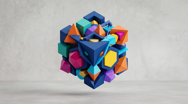 Abstract 3D Geometric Cube Composition with Colorful Shapes