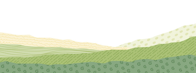 Obraz premium Field collage with abstract green patterns and farm textures of agricultural landscape. Tea plantations on hills and rural vineyard with organic ecology elements in modern vector design.