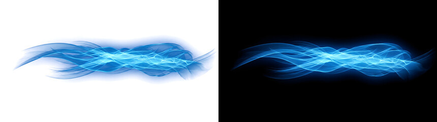 Naklejka premium Wave shaped blue energy streak with flowing light ribbons ideal for banners in PNG, Transparent and Black Background Versions