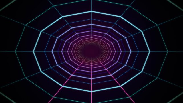Retro synthwave wireframe tunnel seamless loop background. Neon glowing wireframe cyber tunnel motion loop