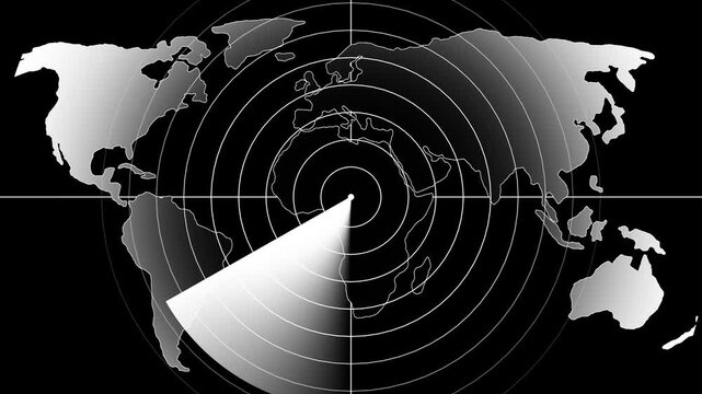 Global radar scanning animation with map overlay for cybersecurity and surveillance concepts