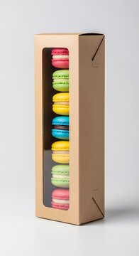 Colorful Macarons Neatly Stacked in a Tall Brown Cardboard Box with a Clear Window, Against a Clean White Background.