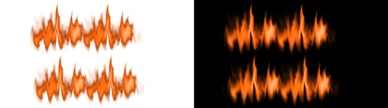 Flame shaped orange fire border row with glowing flames ideal for effects in PNG, Transparent and Black Background Versions