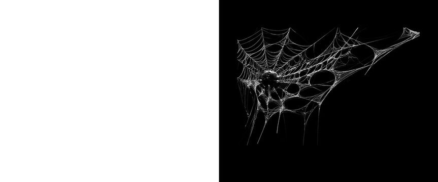Spooky spider web on black background, intricate white cobweb texture, creepy halloween decoration element, fragile silk threads in dark space