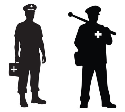 Paramedic and ambulance staff silhouette set isolated on white background