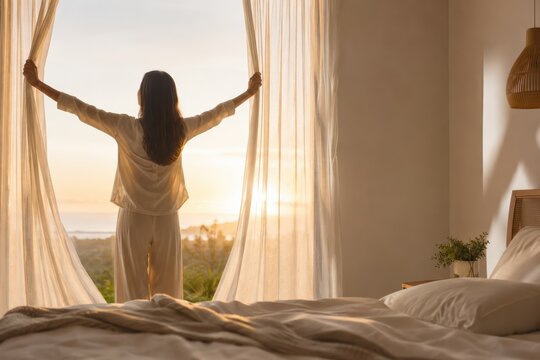 Woman Opening Sheer Curtains at Sunrise in Modern Bedroom