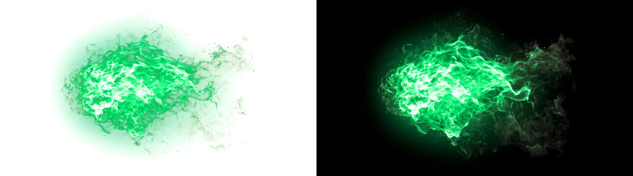 Fire shaped realistic green flame blaze with burning glow ideal for effects in PNG, Transparent and Black Background Versions