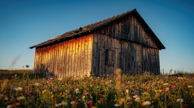 Rustic Wooden Barn in Sunlit Meadow, Surrounded by Vibrant Wildflowers, Warm Evening Light Casting Long Shadows, Rich Earth Tones and Blue Sky, Capturing Tranquil Rural Serenity