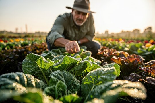 Dedicated Farmer Tending to Lush Green Crops in Vibrant Sunrise Field, Dew-Kissed Leaves Glimmering, Warm Golden Light, Rich Earthy Tones, Capturing Agricultural Serenity and Hard Work