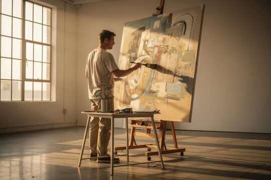 Focused Artist Painting Abstract Artwork in Sunlit Studio, Warm Afternoon Light Streaming Through Large Windows, Creative Atmosphere, Soft Earth Tones and Dynamic Brushstrokes, Capturing Artistic