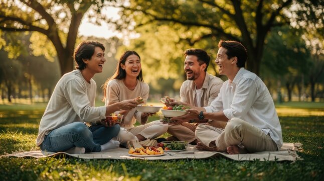 Joyful Group of Friends Enjoying Picnic in Sunlit Park, Warm Afternoon Light, Sharing Fresh Food and Laughter, Vibrant Greenery and Relaxed Atmosphere, Capturing Friendship and Happiness