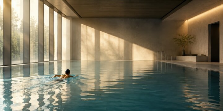 Lone Swimmer in Calm Indoor Pool