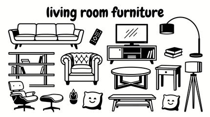 living room furniture featuring sofas armchairs coffee tables television stands bookshelves side tables floor lamps vector illustration set collection for interior design home furnishing © samira
