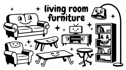 Funny living room furniture featuring sofas armchairs coffee tables television stands bookshelves side tables floor lamps vector illustration set collection for interior design home furnishing © samira
