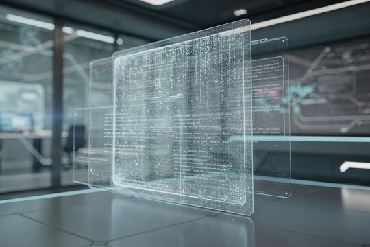 Futuristic Digital Interface Displaying Complex Data in High-Tech Control Room, Sleek and Modern Design, Ambient Blue Lighting, Transparent Screens with Intricate Patterns, Capturing Innovation and
