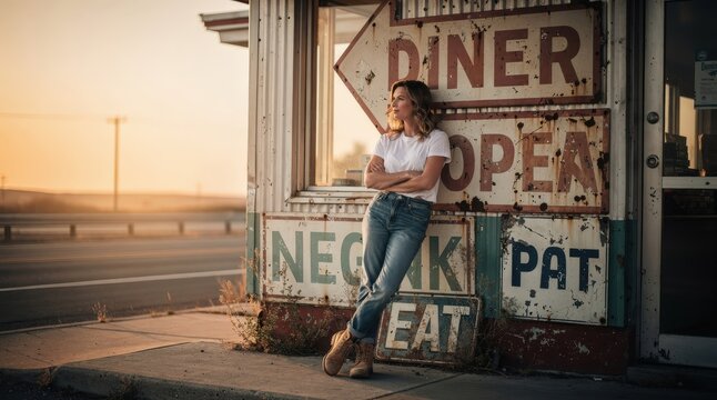 Casual Young Woman Leaning Against Vintage Diner Sign at Sunset, Warm Golden Hour Light, Nostalgic Americana Vibe, Faded Colors and Rustic Details, Capturing Timeless Reflection and Tranquility