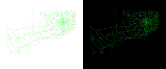 Obraz premium Neon green spider web graphic, glowing spiderweb design elements on black and white backgrounds, spooky halloween cobweb illustration