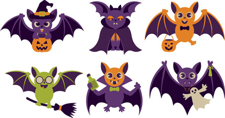 Naklejka premium Set of six cute Halloween bat characters featuring witch hat with pumpkin, cape, broom, potion bottle, and ghost companion illustration designs.