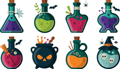 Naklejka premium Set of eight Halloween magic potion bottles and a cauldron featuring various designs including spider webs, bats, brooms, skulls, and bubbling magical liquids.