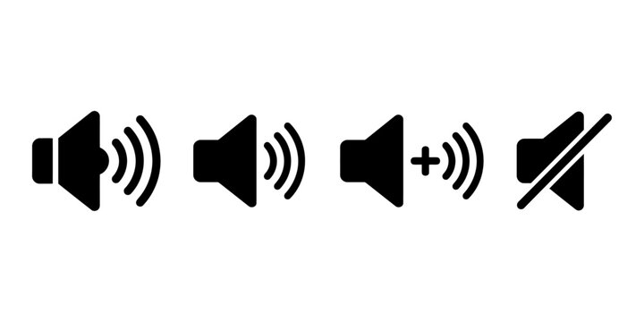 Black audio icons showing sound volume and mute combinations with plus and minus signs
