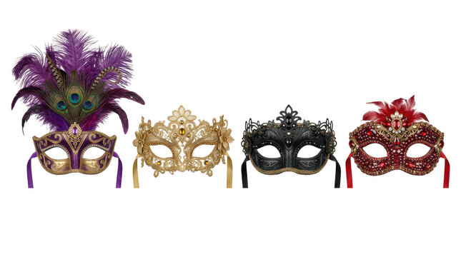 Ornate Venetian masks with feathers and jewels during a festive masquerade event Isolated on transparent background