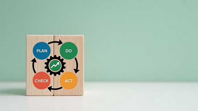 Wooden block with PDCA cycle icon representing business process improvement and quality control