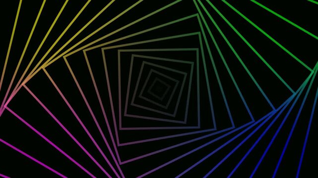 multicolor glowing square spiral lines forming deep tunnel illusion with smooth abstract futuristic motion loop animation