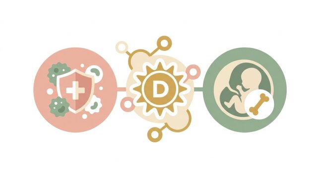 Illustration showing connections between prenatal vitamins, maternal health, and the importance of vitamin D for fetal bone growth during pregnancy