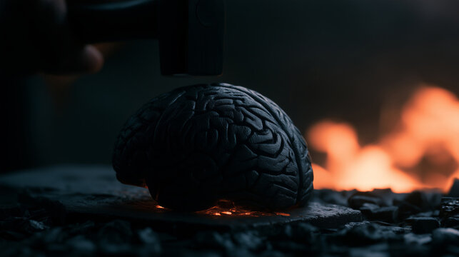 Artificial intelligence brain being forged under a heavy hammer near glowing fire