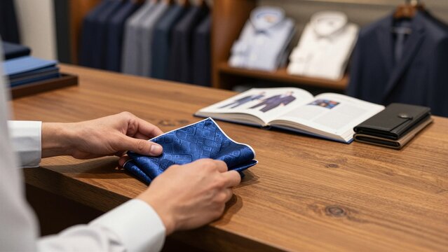 A salesperson carefully folds a blue patterned silk pocket square on a wooden counter, surrounded by men's suits and shirts in an upscale boutique setting.