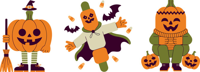 Set of three cute Halloween pumpkin characters featuring witch with broom, superhero cape, and sitting with candy illustration. © Nishat