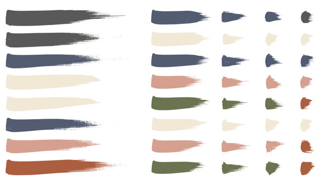 Collection of textured paint brush strokes in earth tones organized by size on a white background.