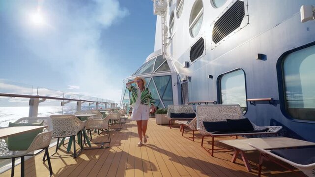 Woman in straw hat and tropical print shirt strolls along cruise liner deck in Caribbean Sea. Modern outdoor lounge chairs and woven furniture line wooden deck under bright sunny sky with lens flare.