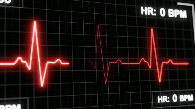 Digital EKG Monitor Displaying Rapid Heart Rate Pulse and Sudden Flatline