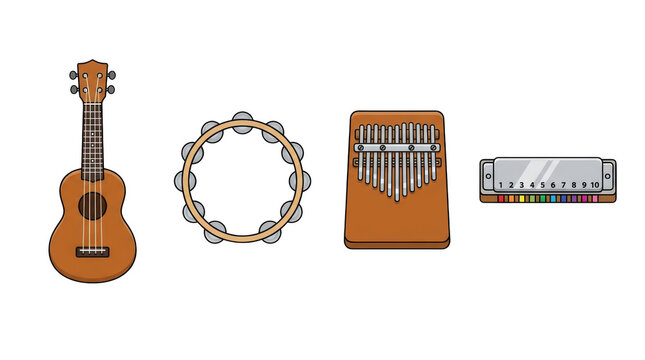 Ukulele tambourine kalimba harmonica arranged in a row on a clean surface Isolated on transparent background