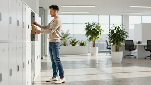 A man places a lunch box into an office locker with shallow depth of field. Modern workplace interior featuring potted plants and large windows.