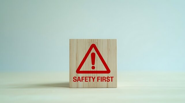 A wooden block displaying a safety first warning sign symbol for professional hazard prevention and workplace risk management concepts