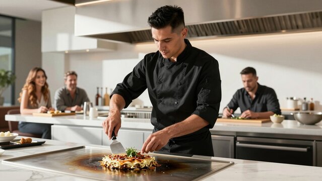 A focused chef prepares okonomiyaki on a hot plate while guests watch. Modern kitchen setting with stainless steel appliances and bright lighting.
