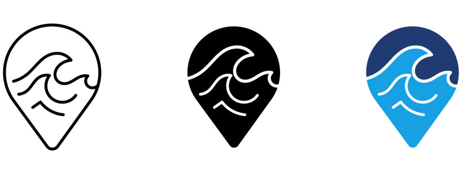 Ocean wave pin icon set in outline, solid, and duotone style. Symbol of beach location, surf spot map marker, coastal travel navigation, vacation destination, and sea place.