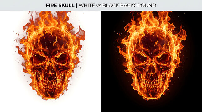 Flaming Fire Skull Concept Art on White and Black Background