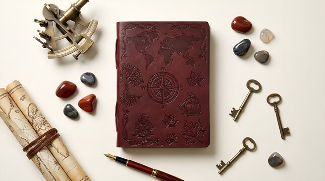 Vintage Embossed Leather Explorer Journal with Compass World Map, Sextant, Parchment Scroll and Keys on White