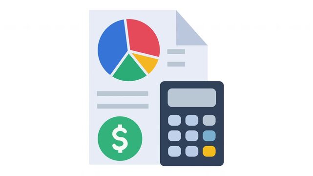 Flat vector animation of calculator with business graph pie chart report and dollar coin money finance concept.