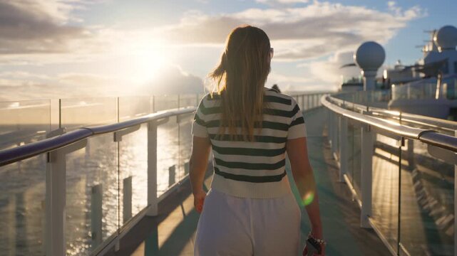 Woman in striped shirt walks along deck of a cruise liner in Caribbean Sea during golden hour. Sunlight reflects on calm ocean waters as satellite domes and glass railings frame the scenic promenade.